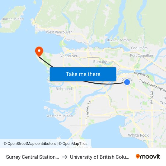 Surrey Central Station @ Bay 2 to University of British Columbia (UBC) map