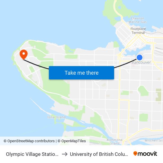 Olympic Village Station @ Bay 1 to University of British Columbia (UBC) map