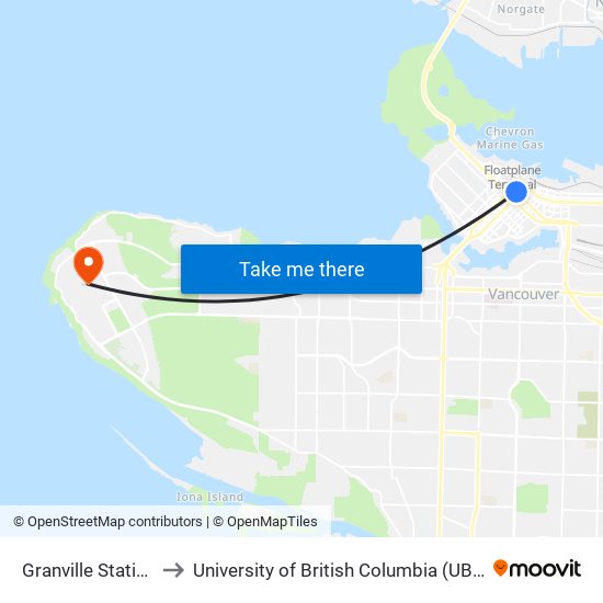 Granville Station to University of British Columbia (UBC) map