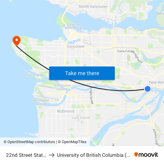 22nd Street Station to University of British Columbia (UBC) map