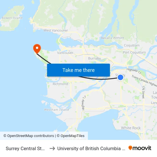 Surrey Central Station to University of British Columbia (UBC) map
