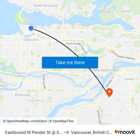Eastbound W Pender St @ Seymour St to Vancouver, British Columbia map