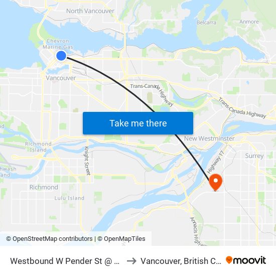 Westbound W Pender St @ Seymour St to Vancouver, British Columbia map