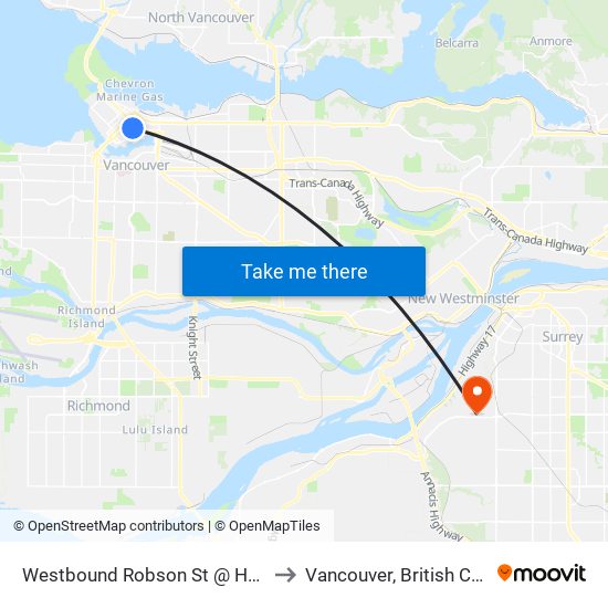 Westbound Robson St @ Hamilton St to Vancouver, British Columbia map