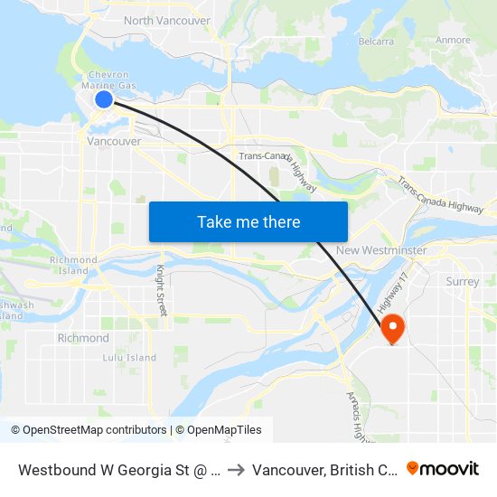 Westbound W Georgia St @ Burrard St to Vancouver, British Columbia map