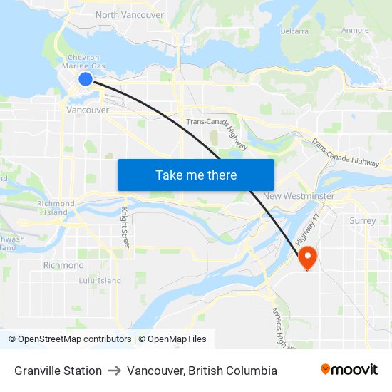 Granville Station to Vancouver, British Columbia map