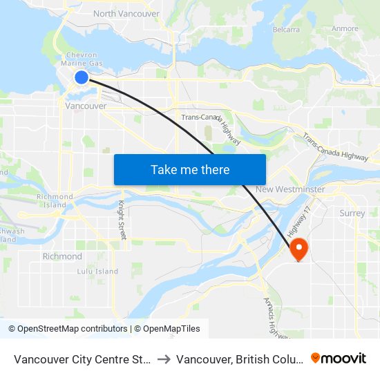 Vancouver City Centre Station to Vancouver, British Columbia map