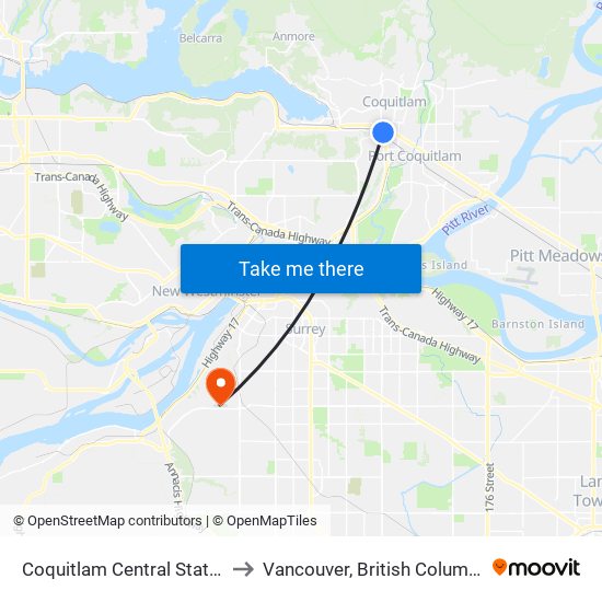 Coquitlam Central Station to Vancouver, British Columbia map