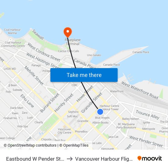 Eastbound W Pender St @ Seymour St to Vancouver Harbour Flight Centre (CXH) map