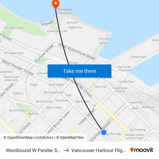 Westbound W Pender St @ Granville St to Vancouver Harbour Flight Centre (CXH) map