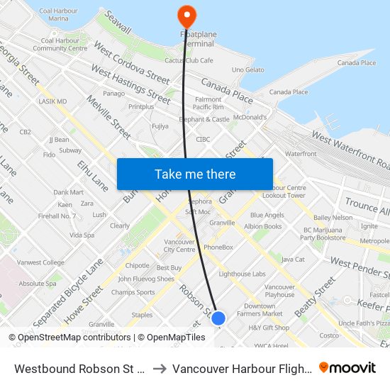 Westbound Robson St @ Hamilton St to Vancouver Harbour Flight Centre (CXH) map