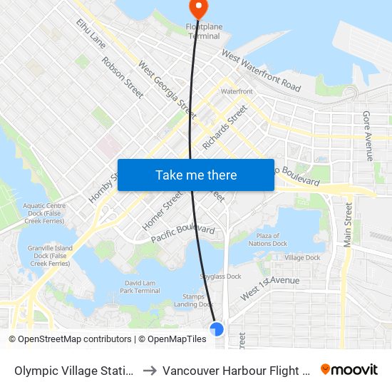 Olympic Village Station @ Bay 1 to Vancouver Harbour Flight Centre (CXH) map