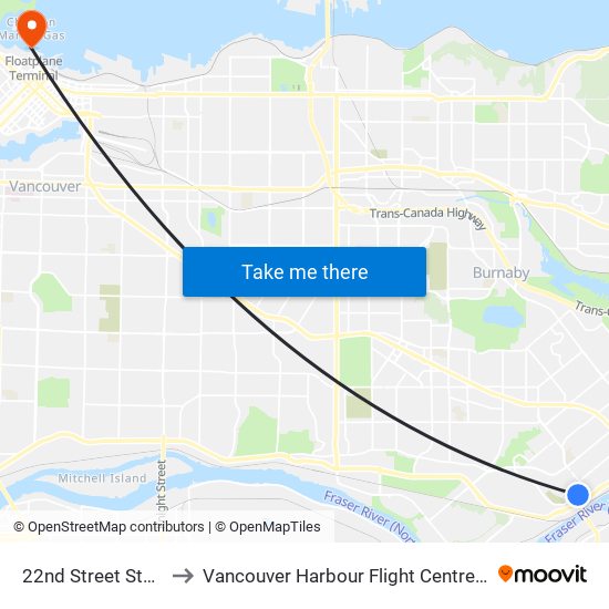 22nd Street Station to Vancouver Harbour Flight Centre (CXH) map