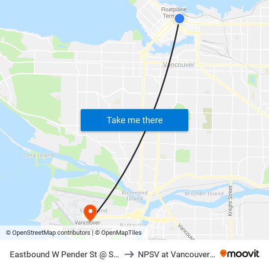 Eastbound W Pender St @ Seymour St to NPSV at Vancouver Airport map
