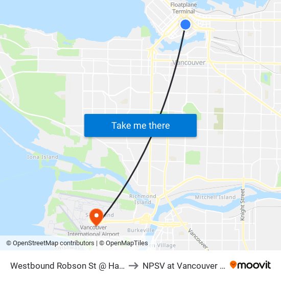 Westbound Robson St @ Hamilton St to NPSV at Vancouver Airport map