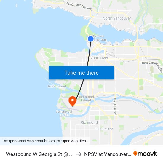 Westbound W Georgia St @ Denman St to NPSV at Vancouver Airport map