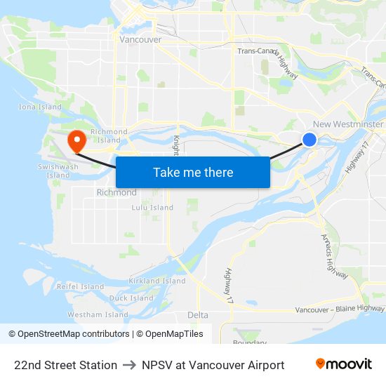 22nd Street Station to NPSV at Vancouver Airport map