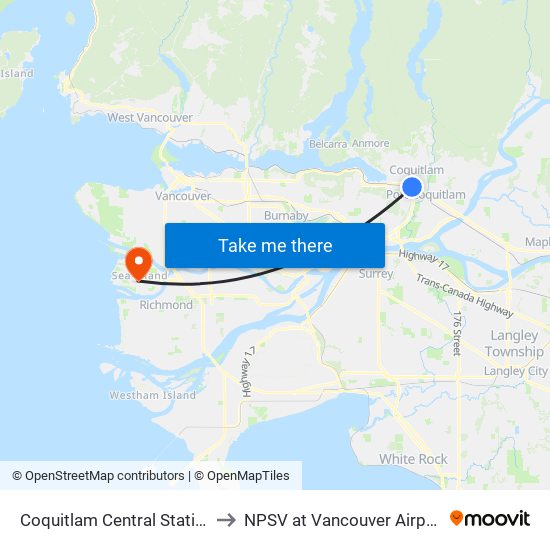 Coquitlam Central Station to NPSV at Vancouver Airport map