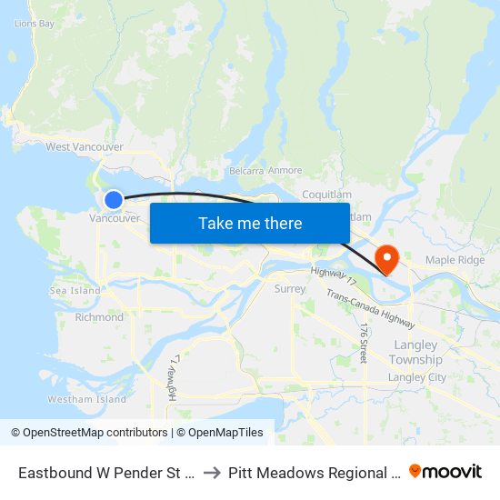 Eastbound W Pender St @ Granville St to Pitt Meadows Regional Airport (YPK) map