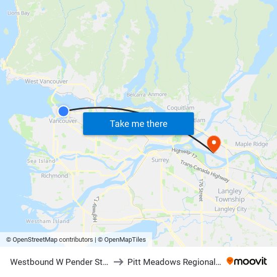 Westbound W Pender St @ Seymour St to Pitt Meadows Regional Airport (YPK) map