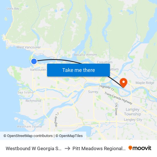 Westbound W Georgia St @ Denman St to Pitt Meadows Regional Airport (YPK) map