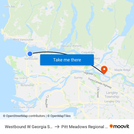 Westbound W Georgia St @ Burrard St to Pitt Meadows Regional Airport (YPK) map