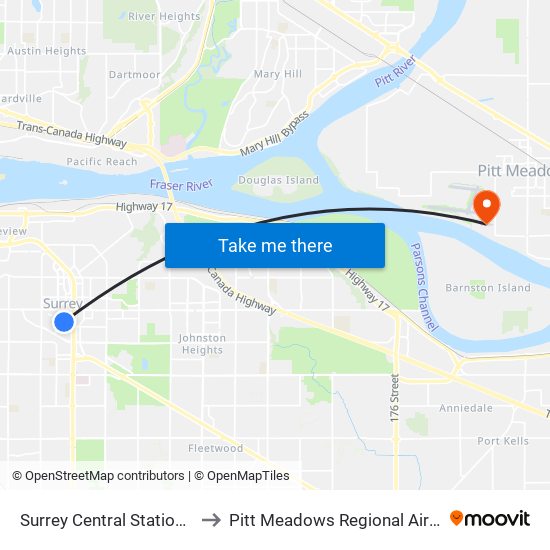 Surrey Central Station @ Bay 8 to Pitt Meadows Regional Airport (YPK) map