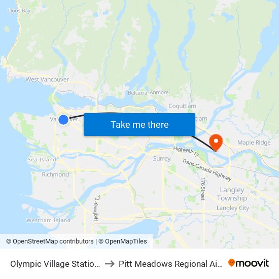 Olympic Village Station @ Bay 1 to Pitt Meadows Regional Airport (YPK) map