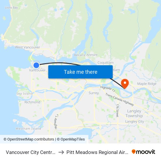 Vancouver City Centre Station to Pitt Meadows Regional Airport (YPK) map