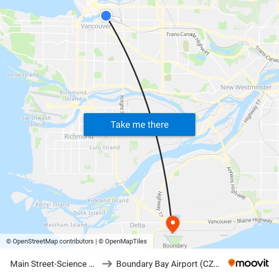 Main Street-Science World Station @ Bay 1 to Boundary Bay Airport (CZBB) (Boundary Bay Airport) map