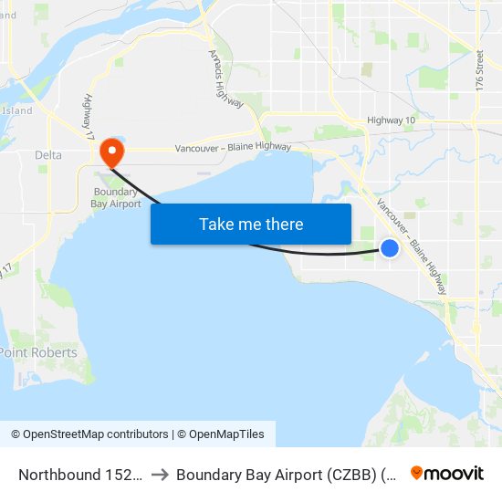 Northbound 152 St @ 22 Ave to Boundary Bay Airport (CZBB) (Boundary Bay Airport) map
