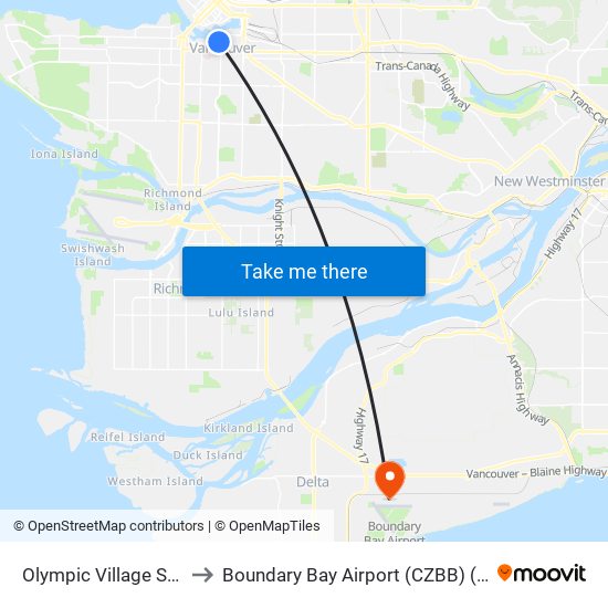 Olympic Village Station @ Bay 1 to Boundary Bay Airport (CZBB) (Boundary Bay Airport) map