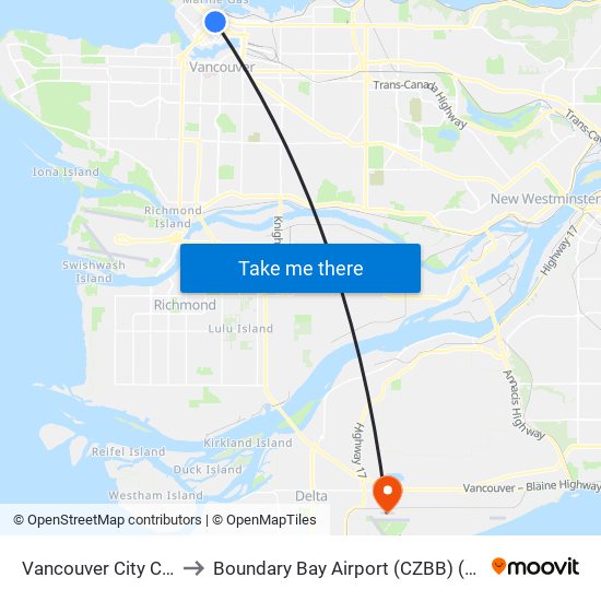 Vancouver City Centre Station to Boundary Bay Airport (CZBB) (Boundary Bay Airport) map