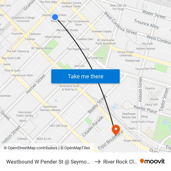 Westbound W Pender St @ Seymour St to River Rock Club map