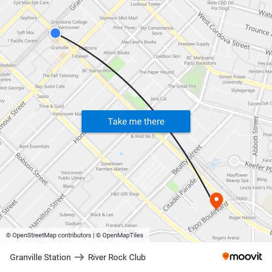 Granville Station to River Rock Club map