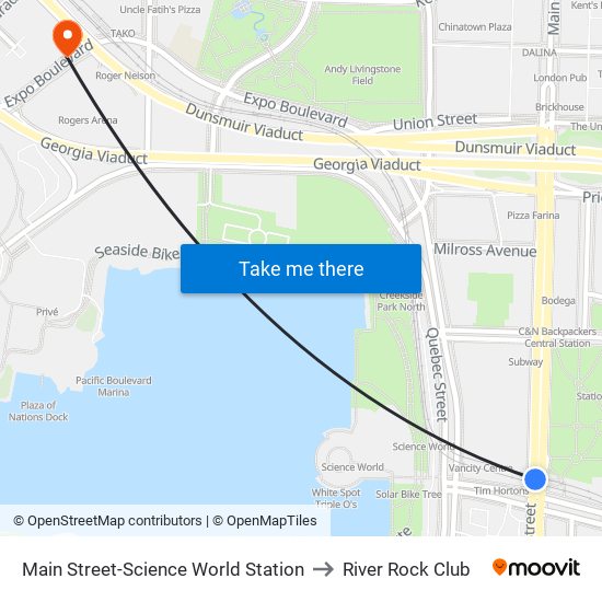 Main Street-Science World Station to River Rock Club map