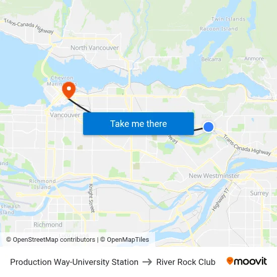 Production Way-University Station to River Rock Club map