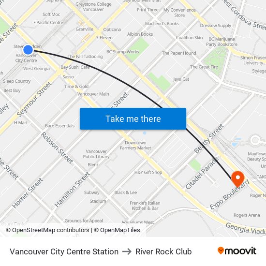 Vancouver City Centre Station to River Rock Club map