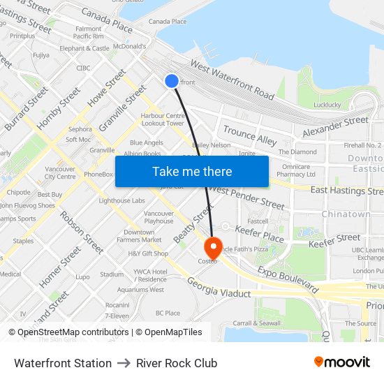 Waterfront Station to River Rock Club map