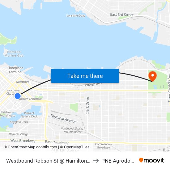 Westbound Robson St @ Hamilton St to PNE Agrodome map