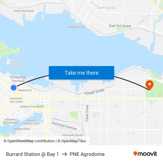 Burrard Station @ Bay 1 to PNE Agrodome map