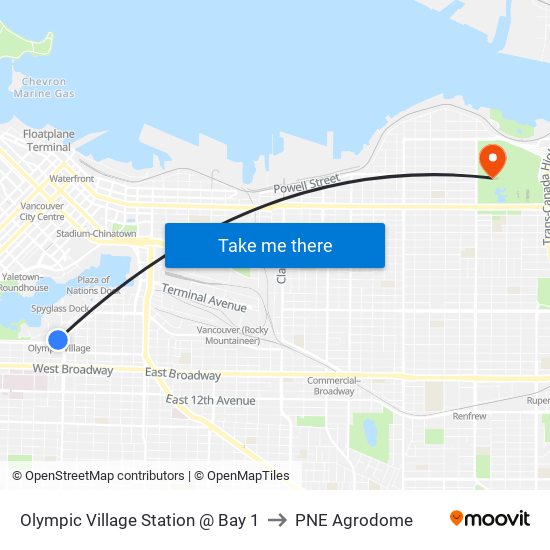 Olympic Village Station @ Bay 1 to PNE Agrodome map