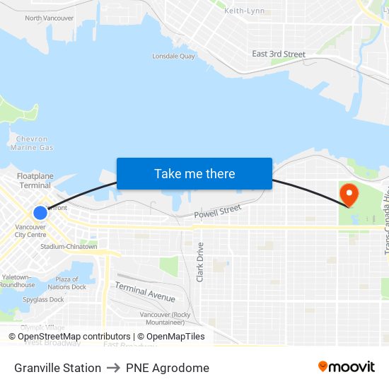 Granville Station to PNE Agrodome map