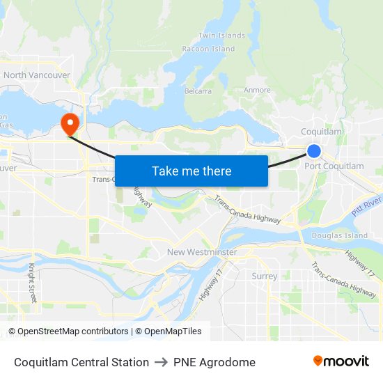 Coquitlam Central Station to PNE Agrodome map