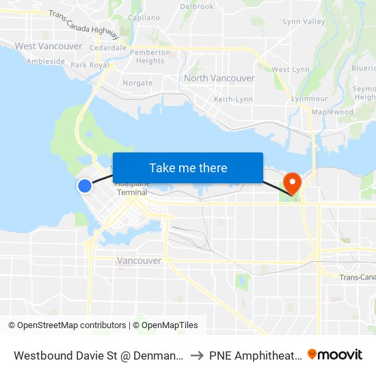 Westbound Davie St @ Denman St to PNE Amphitheatre map