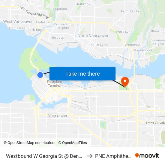 Westbound W Georgia St @ Denman St to PNE Amphitheatre map