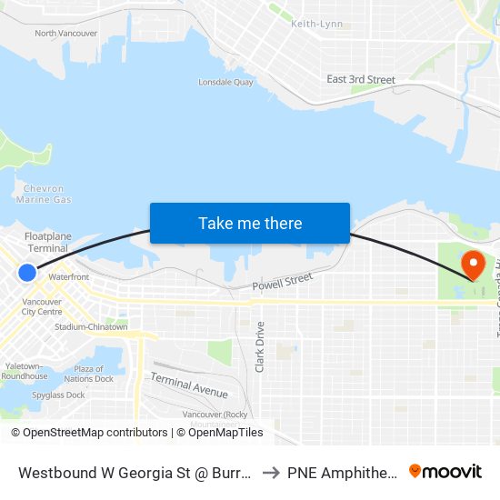 Westbound W Georgia St @ Burrard St to PNE Amphitheatre map