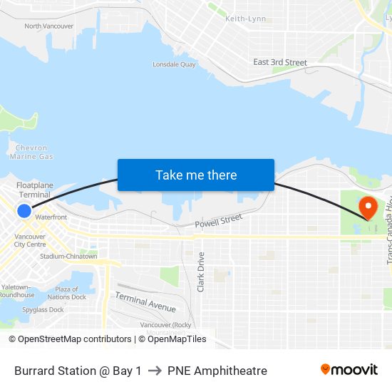 Burrard Station @ Bay 1 to PNE Amphitheatre map