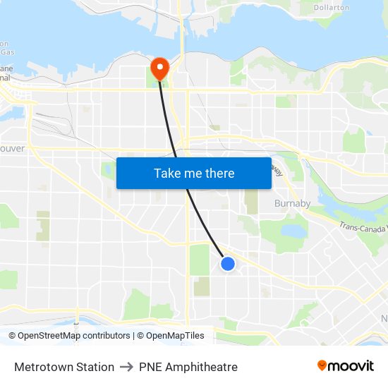 Metrotown Station to PNE Amphitheatre map