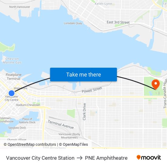 Vancouver City Centre Station to PNE Amphitheatre map